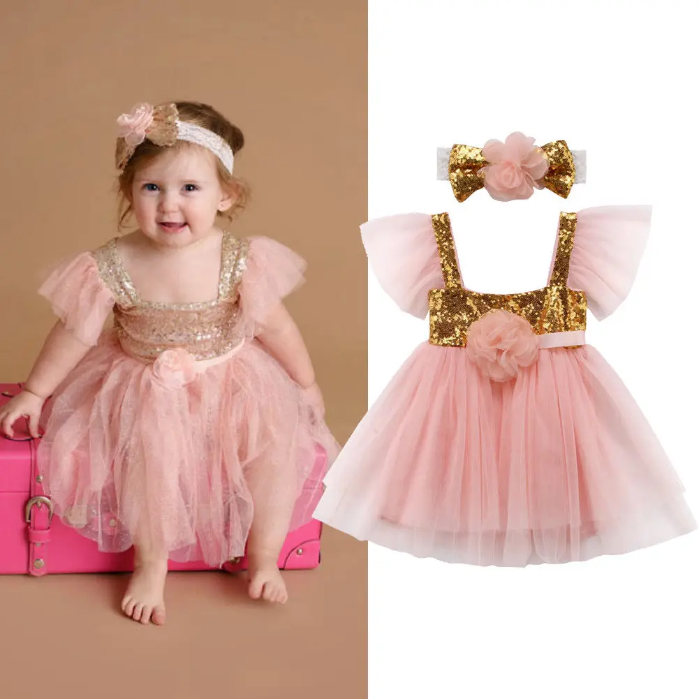 

2018 Newborn Baby Girl Party Princess Pageant Tutu Tulle Mesh Pink Sequined Dress Headband Cute Summer Sundress