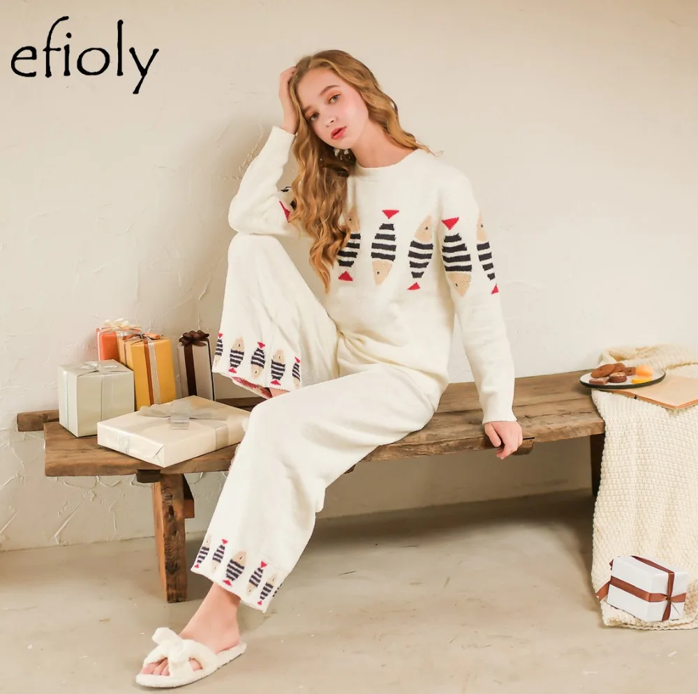 Милый вязаный домашний костюм EFIOLY из шерсти с рисунком рыбы пижамные комплекты