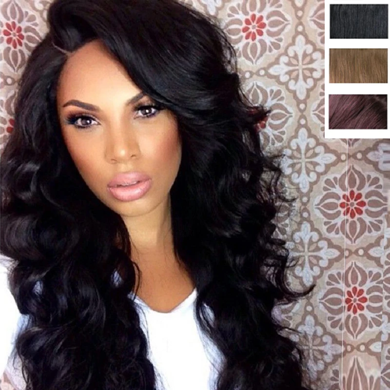 

Fashion Long Black Natural Synthetic Wigs Body Wave Hair 100% High Temperature Fiber Fluffy Curly Hair Wigs For European Women