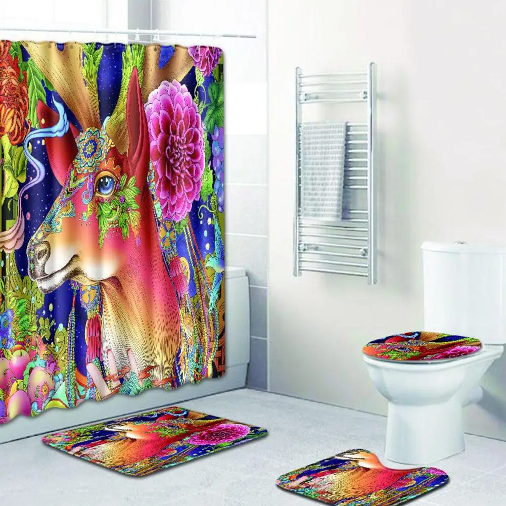 4pcs / set Elk series Printed Pattern Shower Curtain Pedestal Carpet Lid Toilet Cover Mat Bath Mat Set Bathroom Curtains with 12 hooks - Цвет: 8