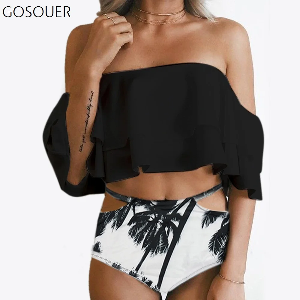 

AIFEI Women Two Piece Off Shoulder Swimswear Bikini Set Ruffled Flounce Crop Bikini Top with Print Cut Out Bottoms