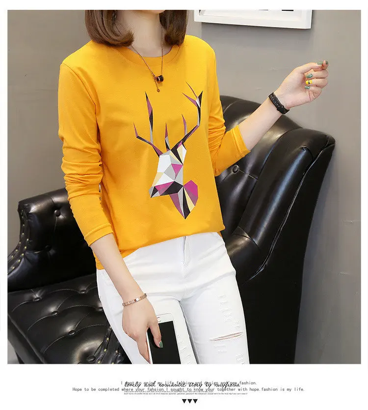 2019 Autumn Cotton T-Shirts Deer Printed Tshirts Women Leisure Long Sleeve White T-shirt Female Tops Tees Large Size M-5XL  (10)
