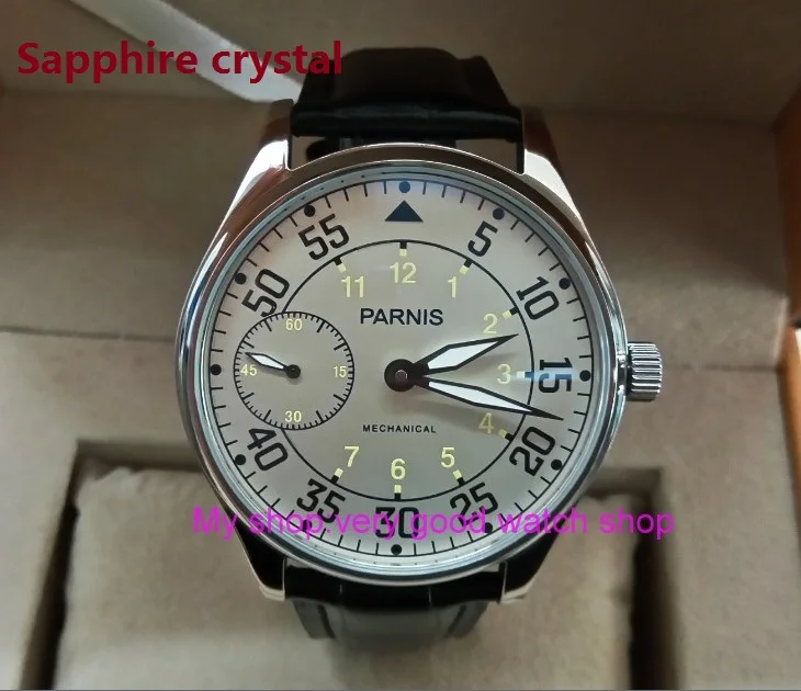 Sapphire Crystal 44mm PARNIS Milk white dial Asian 17 jewels 6497 3600 Mechanical Hand Wind movement