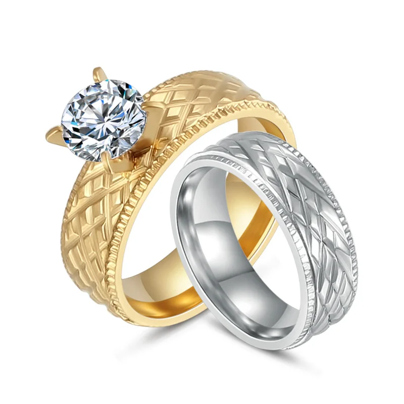 

1 Pair 6MM Stainless Steel Wedding Rings For Women Gold Silver Color Cubic Zirconia Round Engagement Ring Set Fashion Jewelry