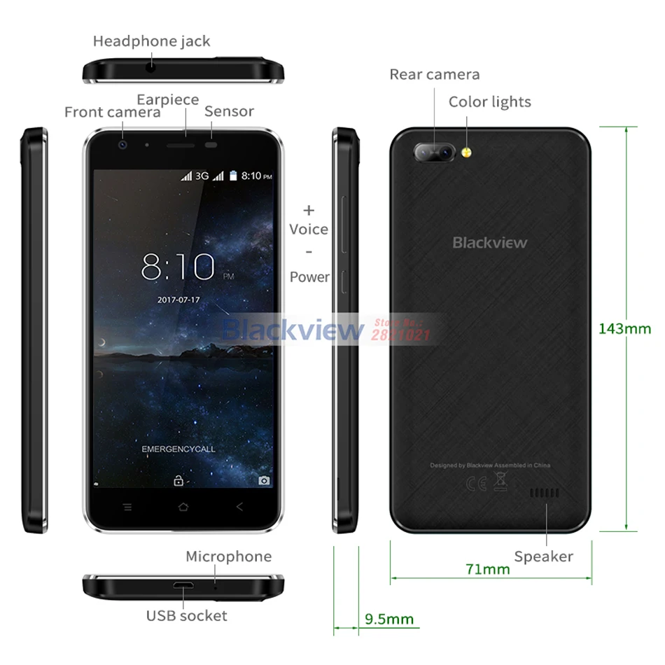 Blackview A7 смартфон с четырёхъядерным процессором MTK6580A ОЗУ 1 ГБ ПЗУ 8 3 камеры 3G WCDMA 2800