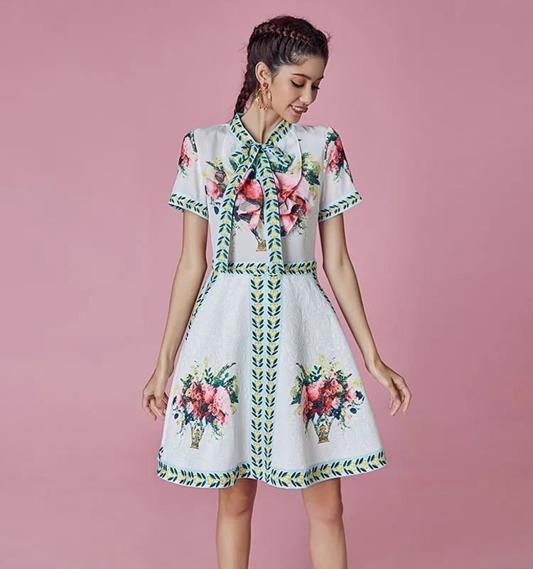 

2019 summer Dress Womens Short Sleeve Dresses High Quality Floral Print Designers Elegant Bow Party Dress vestidos robe femme