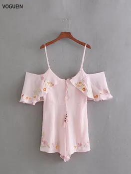 

VOGUEIN New Womens Sexy Summer Embroidery Floral Straps Pink Playsuits Jumpsuit Wholesale