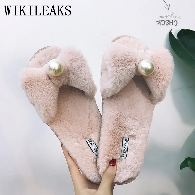 

New Winter Fur Sandals Women Shoes Designer Butterfly-knot Pearl Slides Woman Pantoufle Home Slippers Famous Brand Fur Slippers