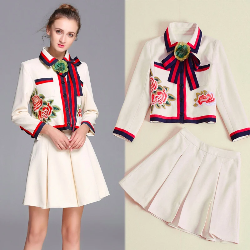 

Runway Designer Women Spring Autumn British Clothing Set Floral Embroidery Appliques Bow Coats Tops And Pleated Skirts CC013