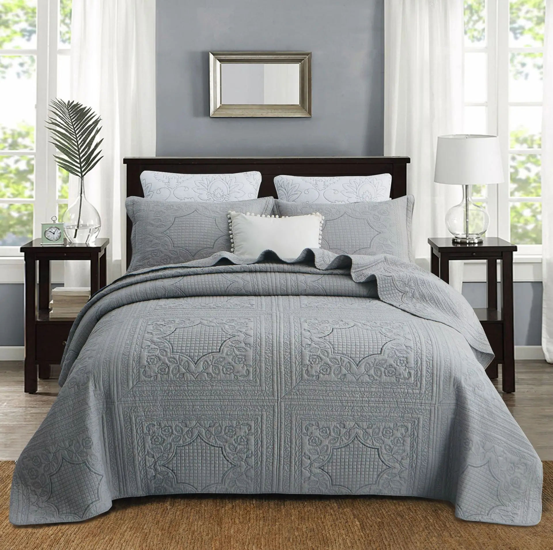 Famvotar Premium 3 Piece Quilted Bedspread Set Elegant Embroidery