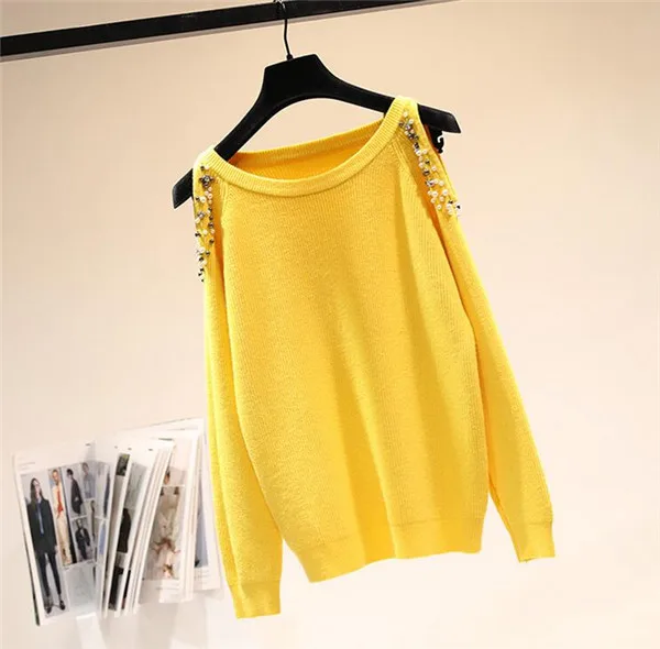 Rlyaeiz Fashion 2 Style Sweater Women Spring Autumn Beading Strapless Shoulder Knitwear Pullover Woman Knitted Sweaters