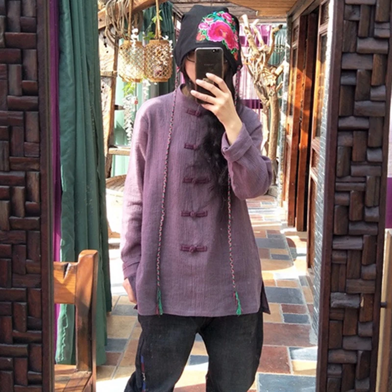 

Johnature Chinese Style Shirts Stand Women Tops 2019 Fall New Vintage Loose Solid Color Cotton Linen Long Sleeve Shirts Tops