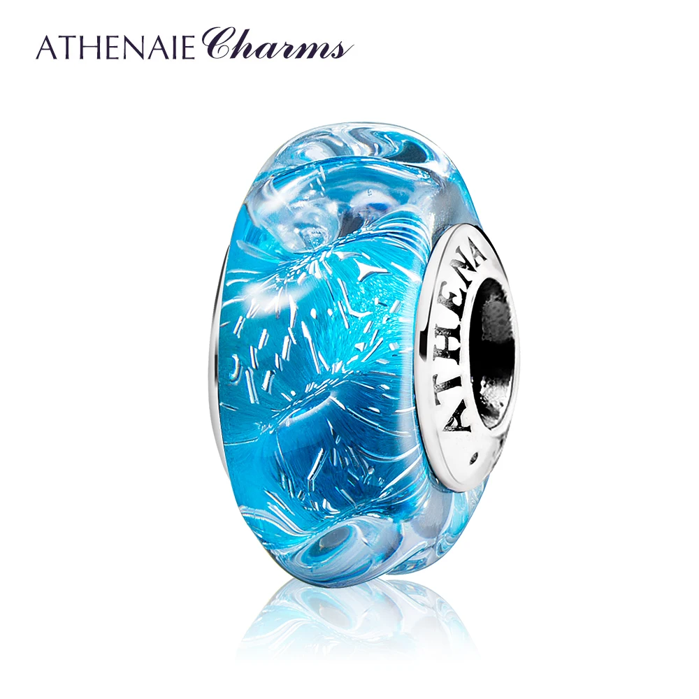 

ATHENAIE Blue Murano Glass Beads 925 Sterling Silver Glittering Ocean Wave Charms Beads Fit Women Charm Bracelets DIY Jewelry