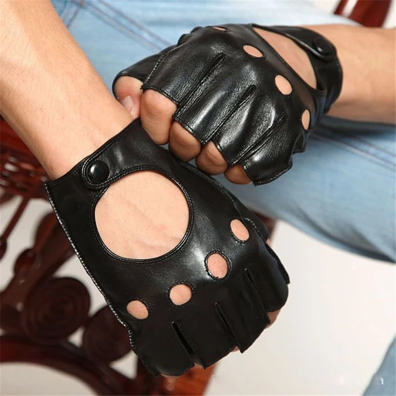 Для мужчин Половина Finger модная обувь из натуральной кожи перчатки из козьей кожи наручные короткие классического черного цвета дышащая овечья кожа водительские перчатки 3-M015W