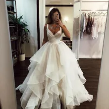 Бальное платье из тюля с оборками цвета слоновой кости, свадебное платье, элегантное Пышное пышное платье принцессы с v-образным вырезом на бретельках, платья для невесты размера плюс