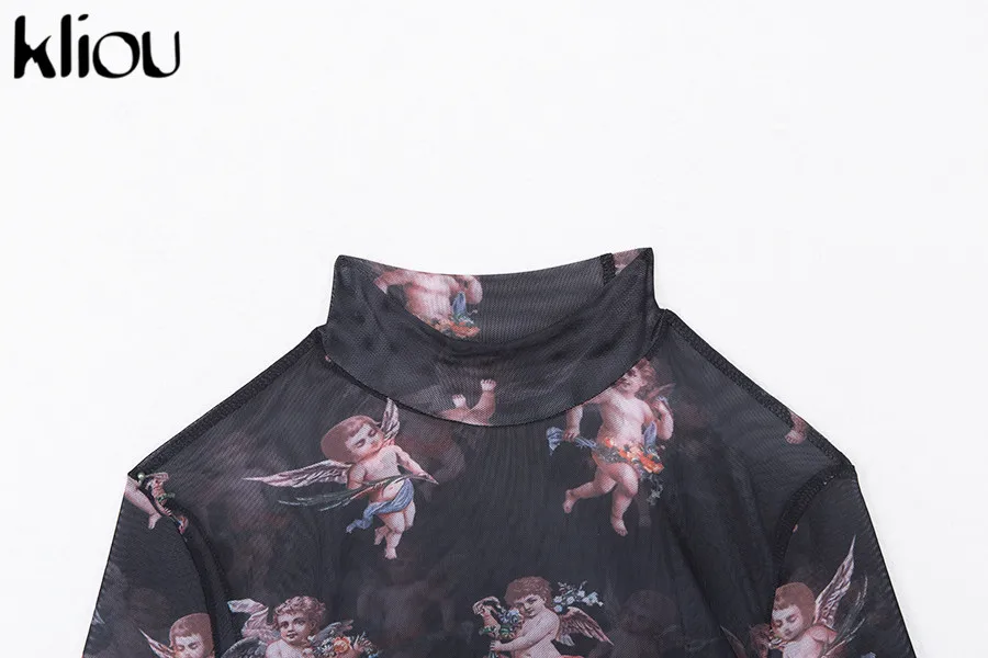 Kliou/женское сексуальное прозрачное платье-водолазка с длинными рукавами, черные футболки с принтом Амура, модные Клубные Повседневные футболки для девочек