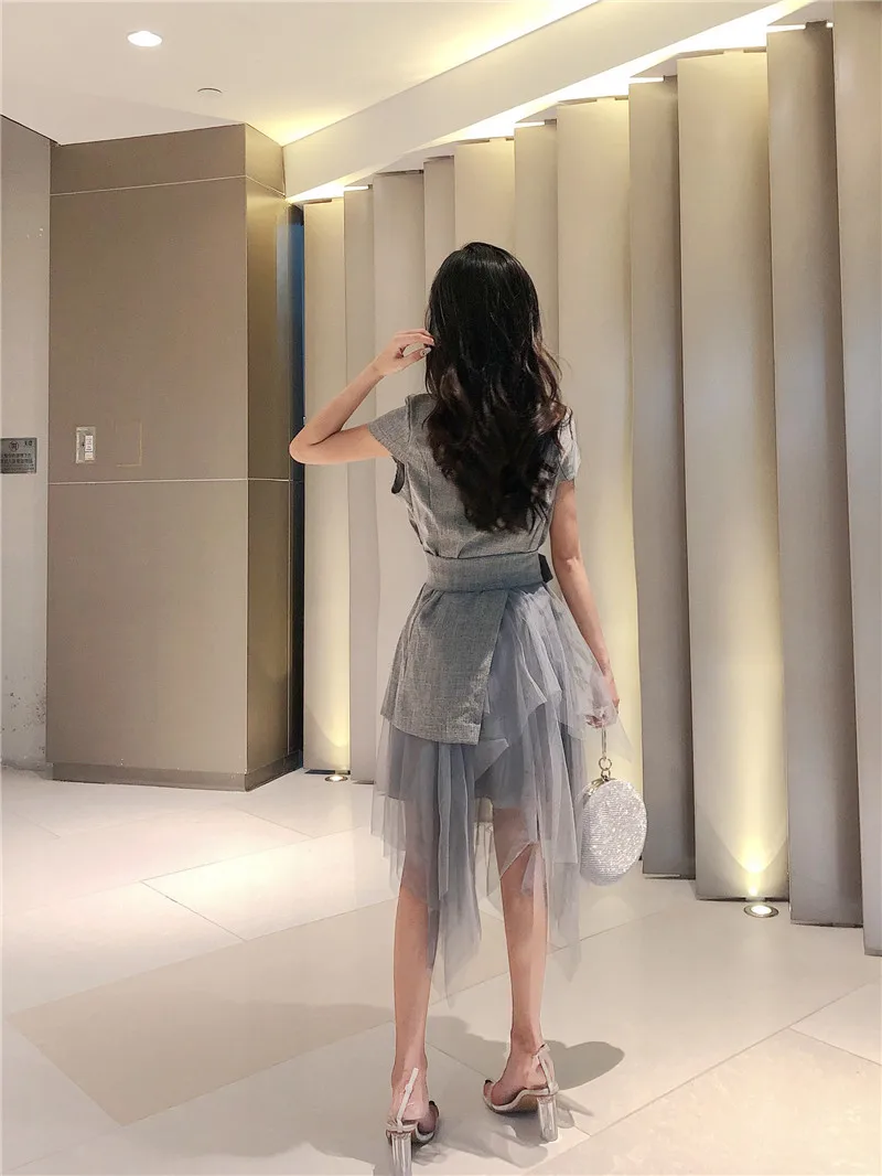 fashion women dresses gray sheer mesh patchwork notched collar Short sleeve a-line bohemian Midi dress