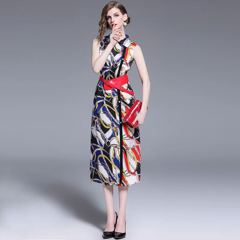 

2019 Summer Lapel Print Single-breasted Chiffon Long Sleeveless Dress Sexy Elegant Plus Size Dress Party Women Dinner