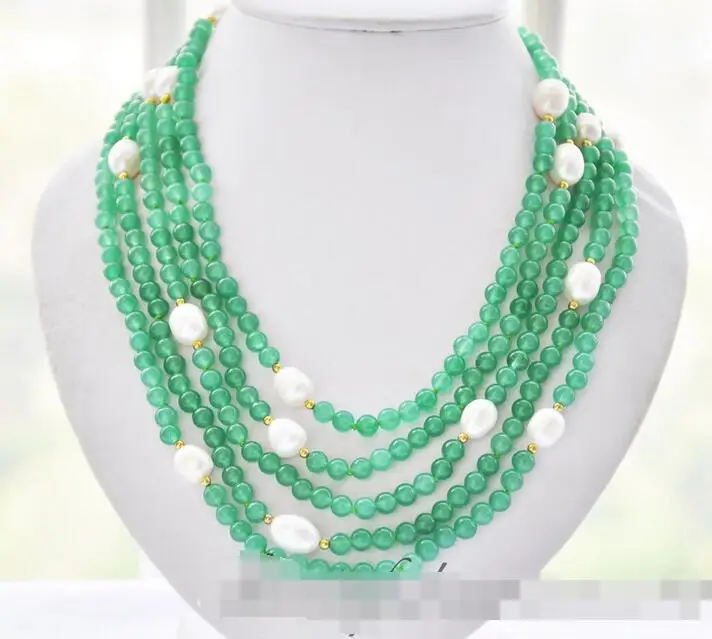 

3697 5strands round green jade rice white freshwater pearl necklace