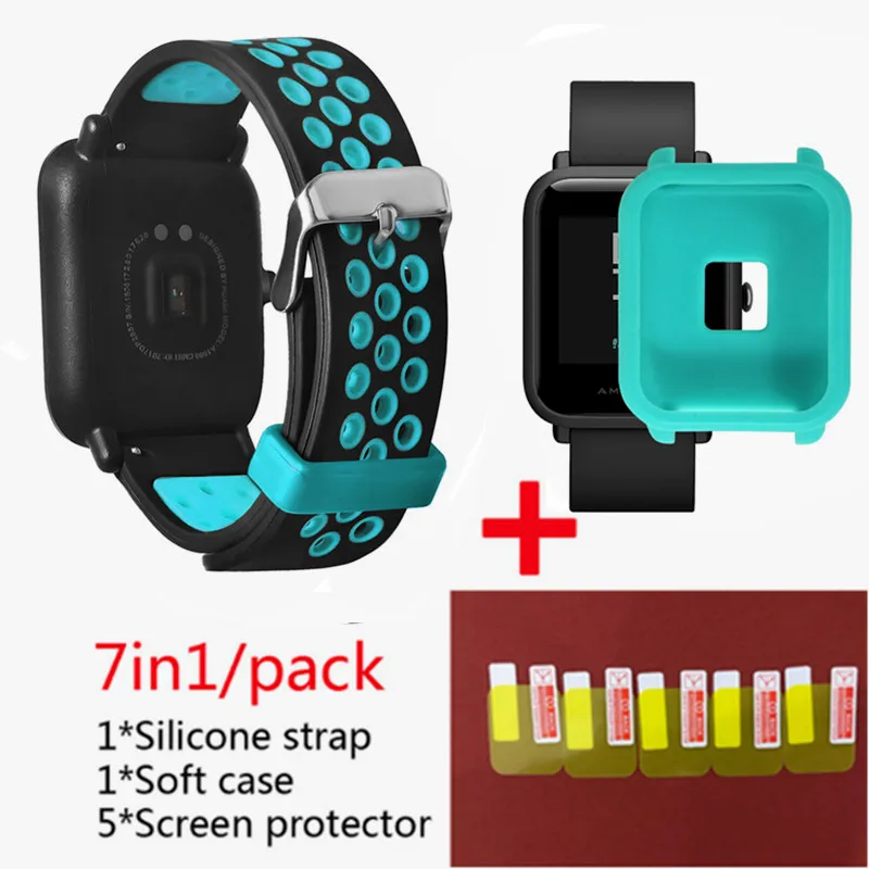 Для Xiaomi Huami Amazfit Bip Lightwei ремешок rhythm Lite young умные часы my braceket fit+ силиконовые полосы+ мягкий чехол+ 5 экранная пленка - Цвет: blue 1