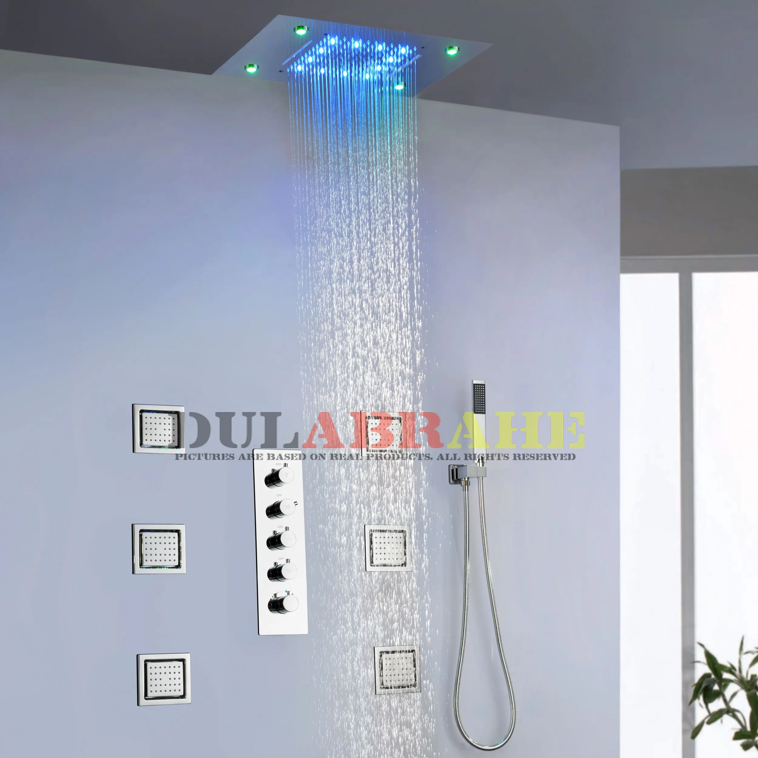 Us 558 0 Thermostatic Bath Mixer Bathroom Rain Shower Faucet Set Waterfall Shower System Ceiling Led Shower Head In Shower Faucets From Home