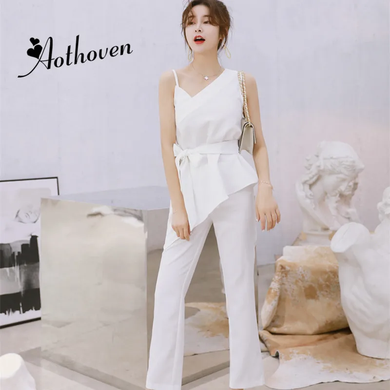 Summer 2 Piece Set Women Suit White Asymmetrical V neck Sleeveless