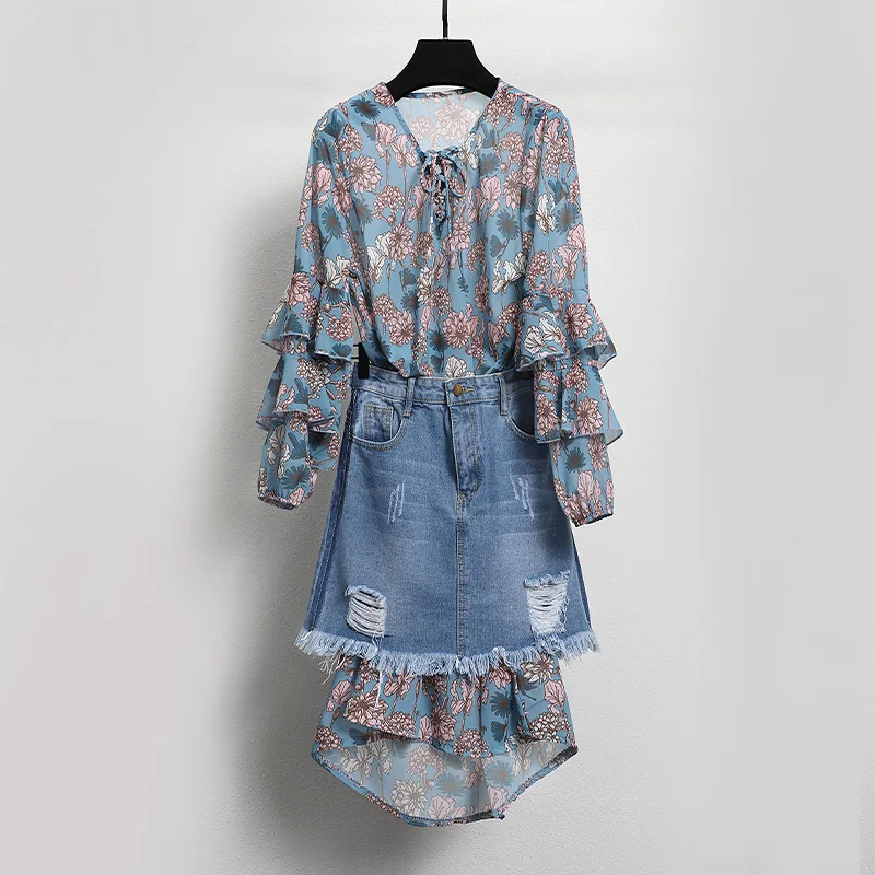 

2019 New Spring Summer Fashion Women's Sets Floral Lantern Sleeve Chiffon Blouses + Short A-line Hole Denim Skirt Students Suits