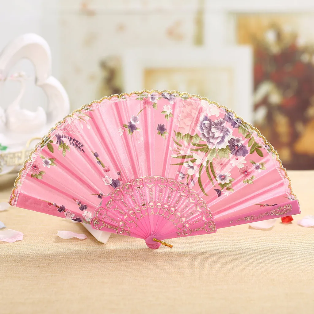Classic Chinese Style Dance Wedding Party Lace Silk Folding Hand Held Flower Fan 