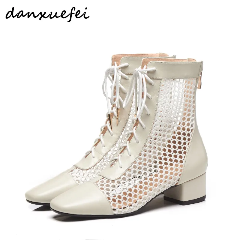 Women's Genuine Leather Mesh Patchwork Lace up Autumn Ankle Boots brand
