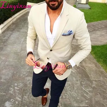 

Linyixun Custom Made Mens Suits Beige Blazer Navy Blue Pants 2 Piece Groom Tuxedos Slim Fit Men Wedding Prom Party Suit