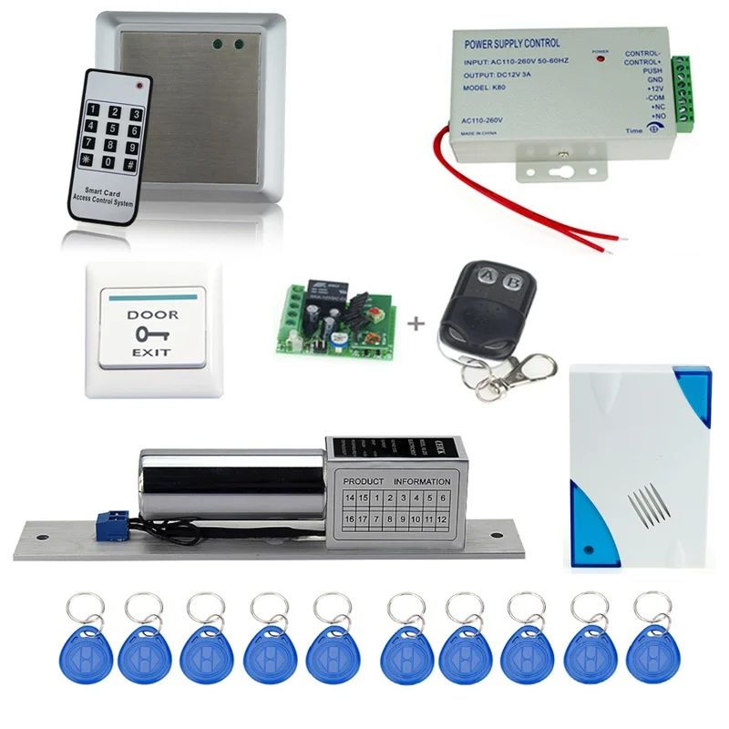 

Free shipping door access control system reader+electronic bolt lock +power supply+key fobs+door bell+exit button+remote control