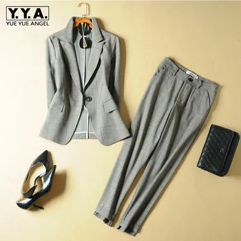 Fashion Office Ladies Plaid Suit Slim Fit Spring New 2pcs Blazer Pants Suits Vintage Business Work Outfits Set Ensemble Femme Fashion Office Ladies Plaid Suit Slim Fit Spring New 2pcs Blazer Pants Suits Vintage Business Work Outfits Set Ensemble Femme