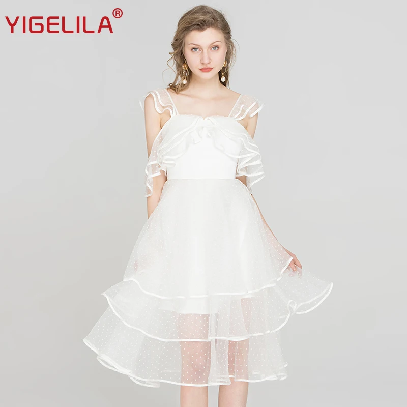 YIGELILA 2019 letní ženy bílé šaty módní sexy výstřih s ramenem volány kolena délka síťoviny A-line společenské šaty 62913