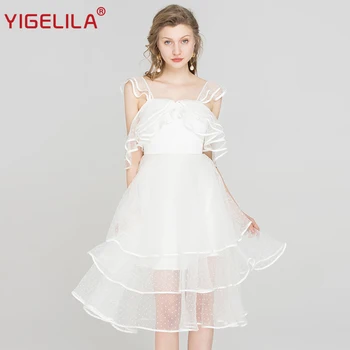 

YIGELILA 2019 Summer Women White Dress Fashion Sexy Off Shoulder Backless Ruffles Knee Length Mesh A-line Party Dress 62913