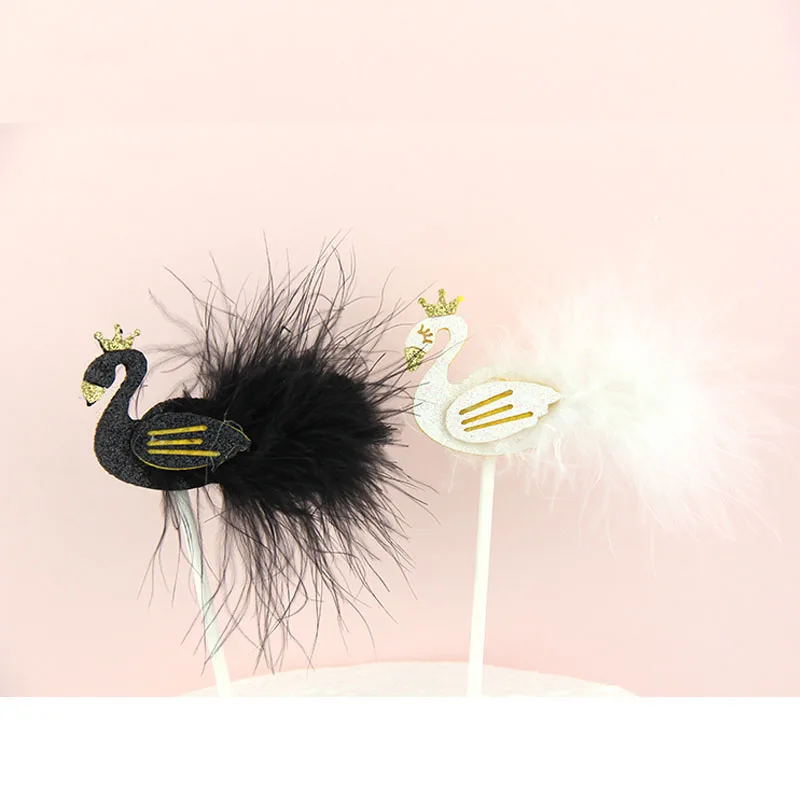 Cake Flags Cupcake Cake Topper black white swan feather Toppers Bride Kids Birthday Wedding Bridal Cake Wrapper Party Baking DIY