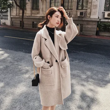 

Winter Long Woolen Coat Women 2019 Elegant Slim Long Sleeve Woolen Overcoat Female Autumn Double Pocket Coats Women Outerwear