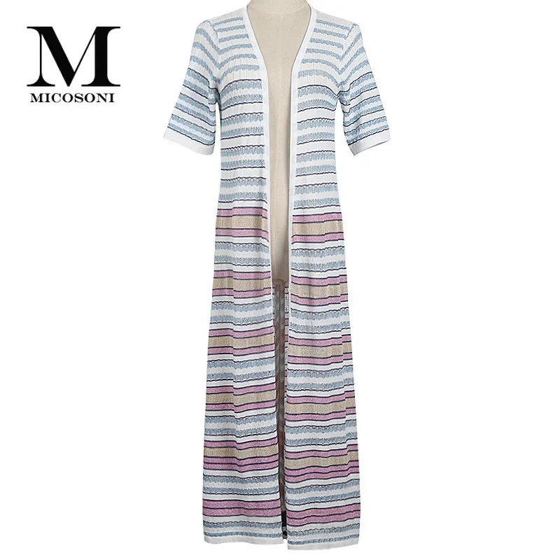 

Micosoni Italian Knit Style 2019 Summer New Women's Contrasting Stripes Gold Loose Short Sleeve Thin Long Sweater Cardigan S-L