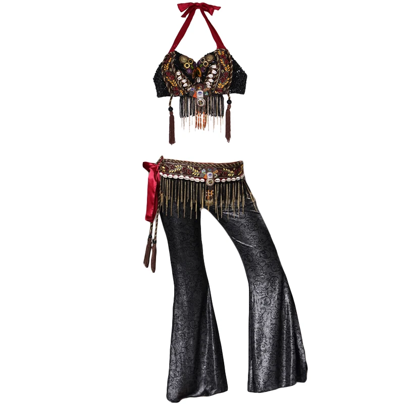 

Performance Women Dance Wear 3 Set Clothes Beads Bra, Belt with Gold Chain Tribal Print Pants Tribal Belly Dance Costume