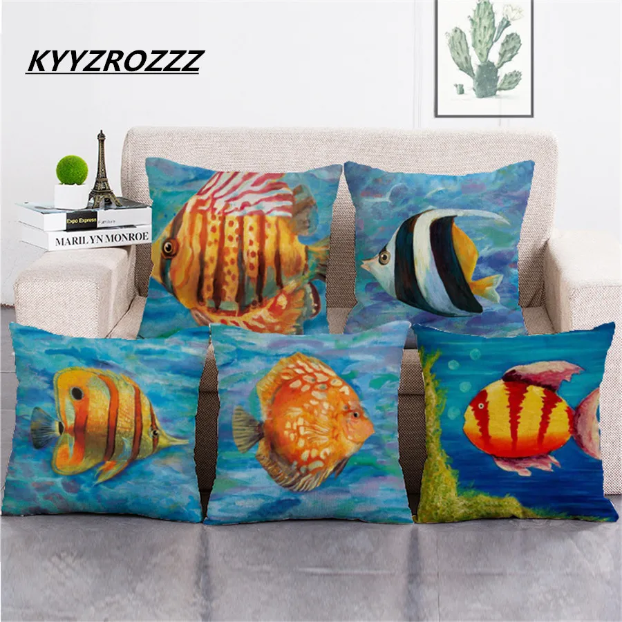 Ocean Fish Oil Paint Cushion Covers Starfish Dolphin Pillow Cases Colorful Marine Life Bedroom Sofa Decoration | Дом и сад