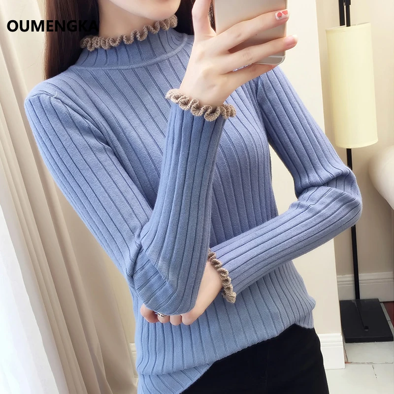 

OUMENGKA Sweater female Half downneck female thickening 2019 new spring sweater slim all-match elastic knit Fashion slim sweater