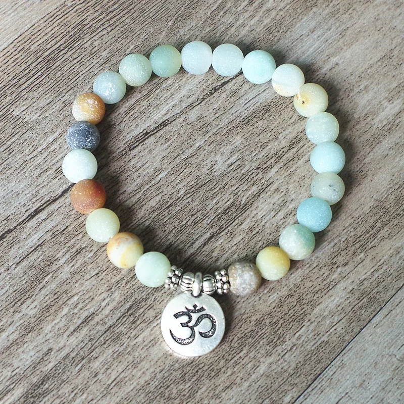 

Matte Amazonite Stone Strand Bracelet Yoga Chakra Mala Bracelet OHM Lotus Women Men Beaded Charm Bracelet Handmade Jewelry