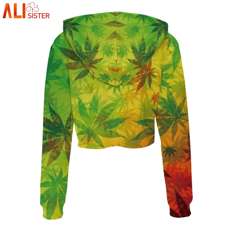  Alisister Women Crop Hoodies Sweatshirt Weed Leaf Skull Print Short Hooded Pullover Summer Autumn H