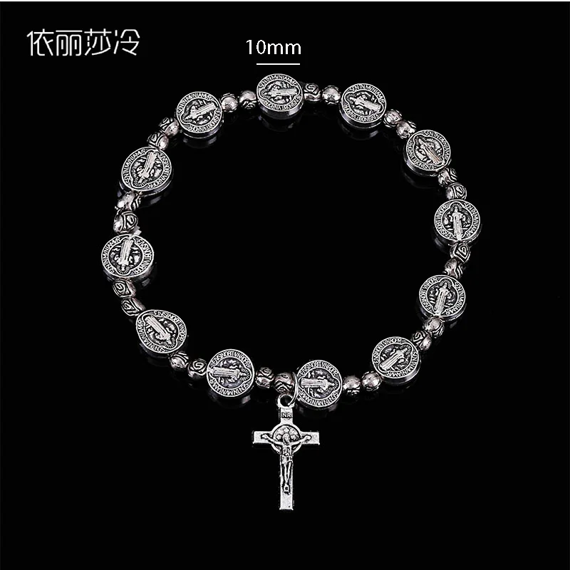 

St. Majestic Jesus Cross Bracelet, Jesus Jewelry Rosary Bracelet Center Divine Compassion St. Icon Prayer Bead Bracelet