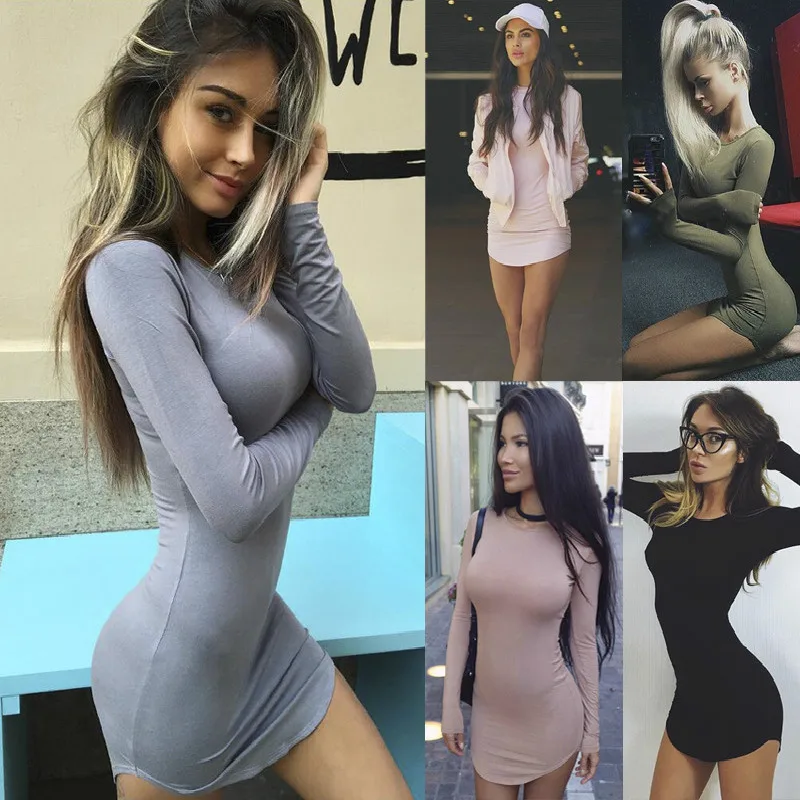 

Women O-neck Cotton Slim One-piece Dresses Pure Color Long Sleeve Irregular Plus Size Sexy Dress