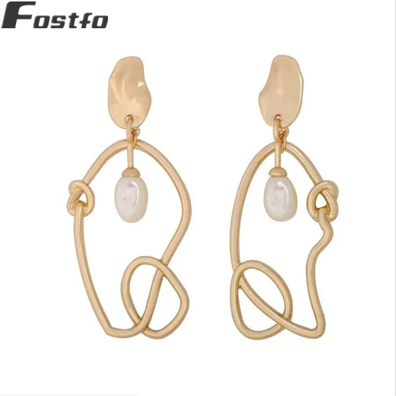 

Fostfo Women Fashion Pearl Asymmetrical Drop Earrings Jewelry European And American Style Personality Knotted Hollow Earrings