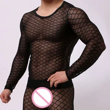 Mens Sexy Della Maglia Degli Indumenti Da Notte Trasparente Manica Lunga Esotico Griglia Canotta A Rete Pura Sottile Stretch Top, babydoll e magliette per la notte Canottiera