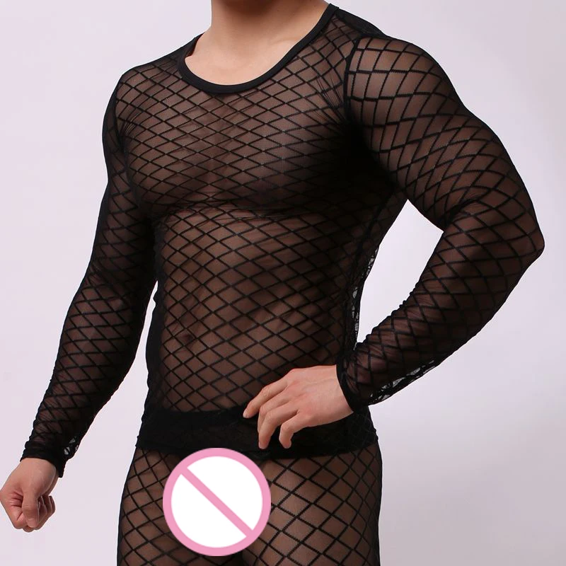 

Mens Sexy Mesh Transparent SleepWear Long Sleeve Exotic Grid Singlet Fishnet Sheer Thin Stretch Sleep Tops Undershirt