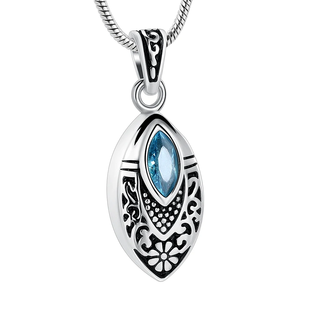 Cremation Urn Necklace Memorial Jewelry Stainless steel Ashes Leaf shape Blue stone Choosable Birthstone Name Initials | Украшения и