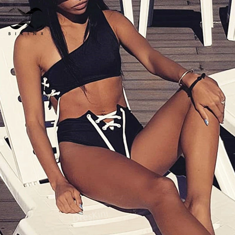 Bikinx Белый бикини с высокой талией 2019 mujer пикантное платье на одно плечо купальник
