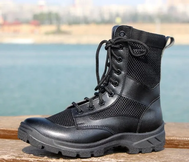 Летние военные ботинки для мужчин; botas hombre; армейские ботинки; кожаный светильник; высокие сетчатые дышащие боевые тактические сапоги - Цвет: Черный